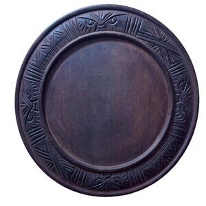 Vintage Hand Carved Round Wooden Plate Bread Plate 12" Round Set Of 4